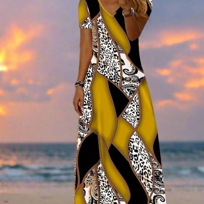 Yellow and Animal Print Patch Maxi Dress – V-Neck Summer Boho Look
