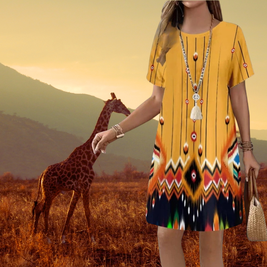 Giraffe Print Tribal Mini Dress – Yellow Bohemian Style