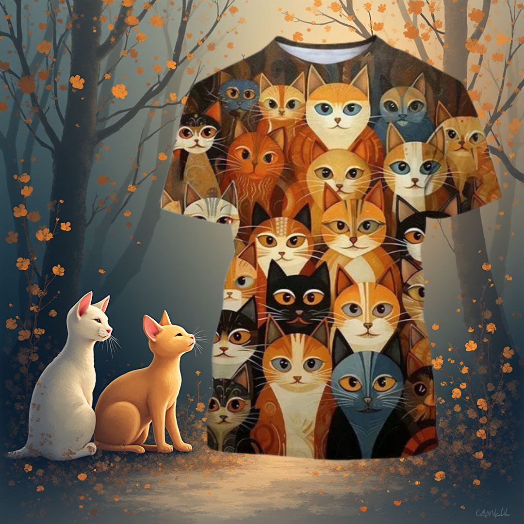 Forest scene with two cats and a t-shirt covered in 3D cat face patterns
