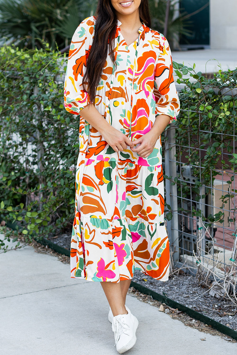 Orange Floral Split V-Neck Tiered Maxi Dress - ALOE WINGS STORE