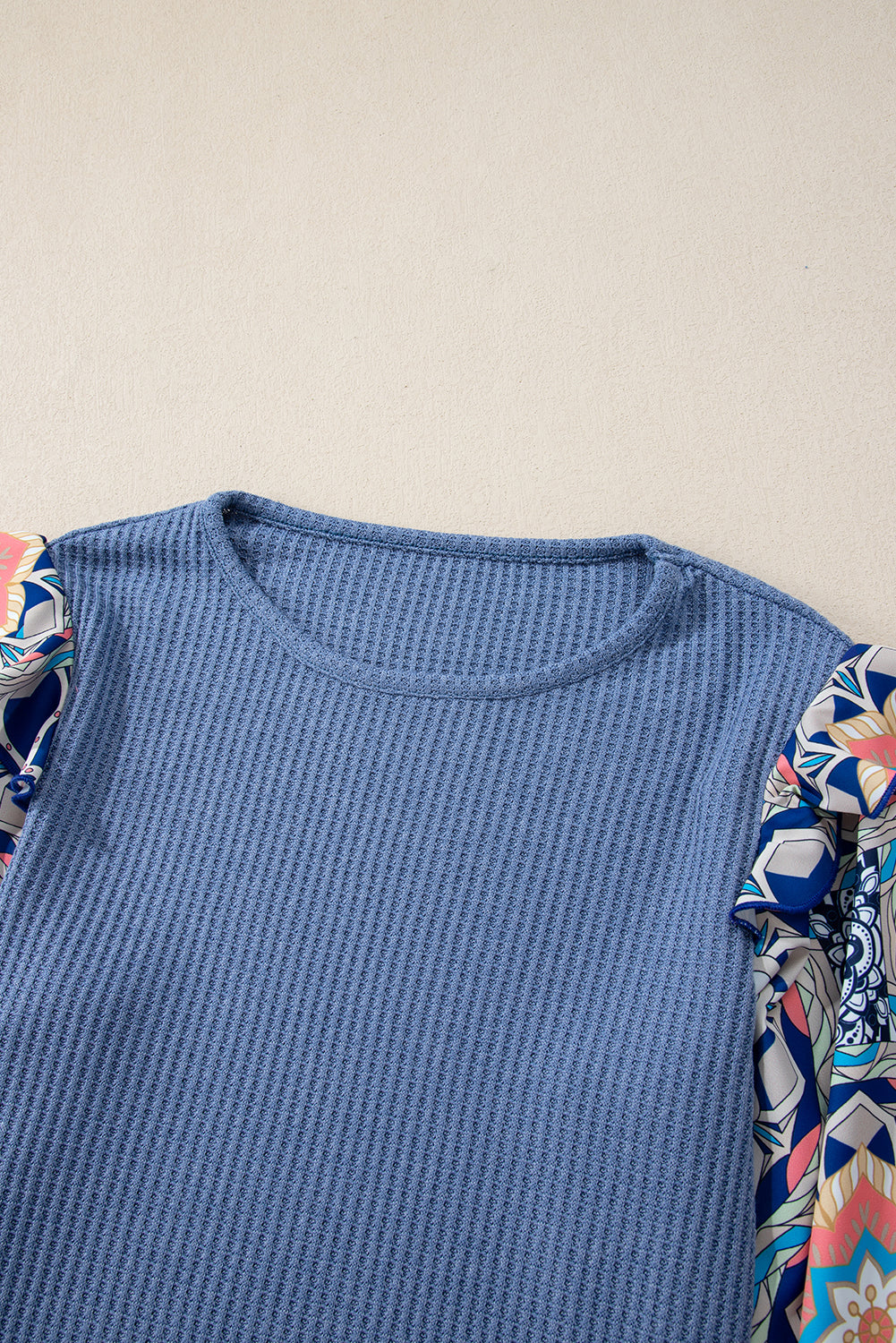 Blue O-Neck Waffle Knit Blouse with Floral Sleeves and Ruffles - ALOE WINGS STORE