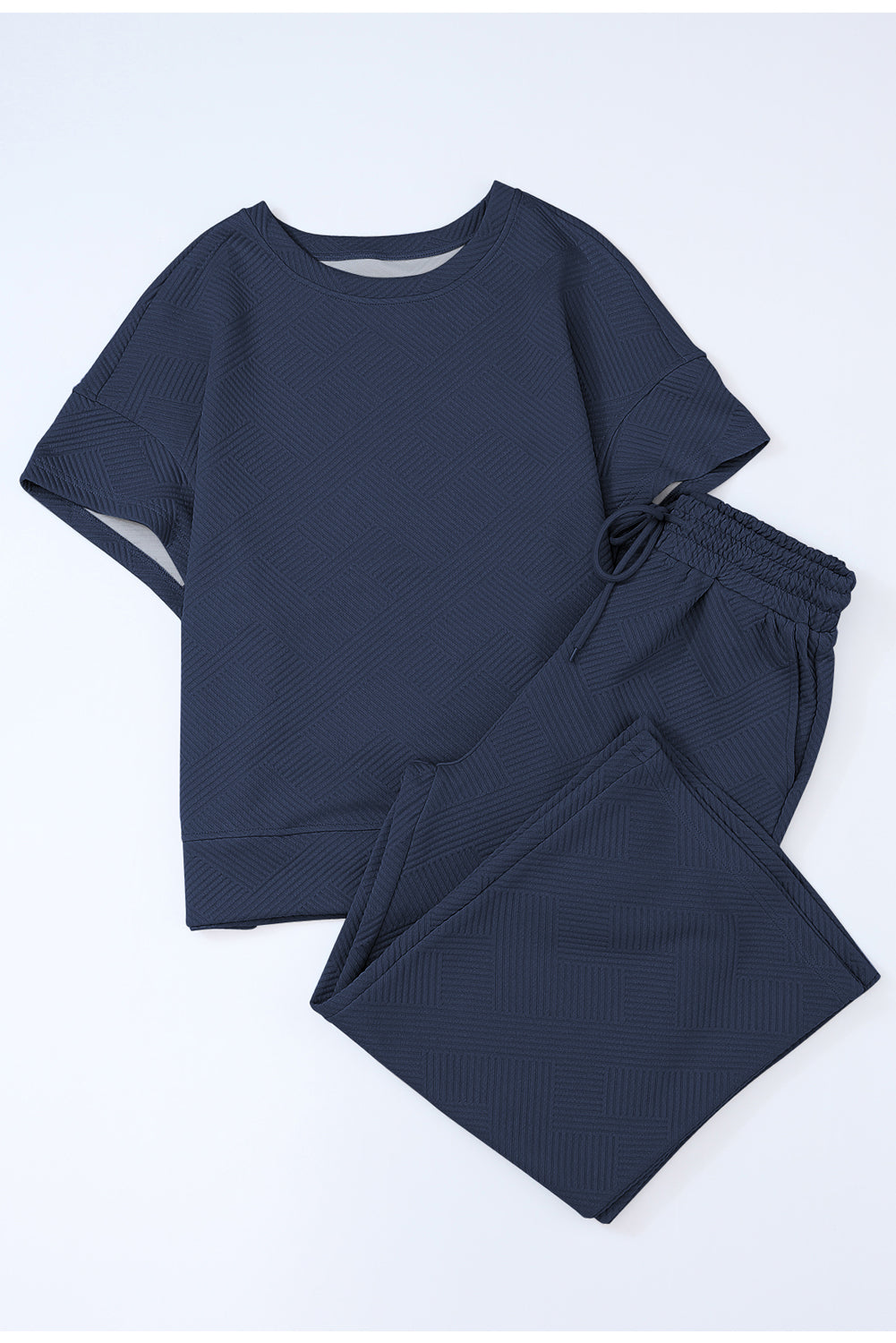 Navy Blue Textured Loose-Fit T-Shirt and Drawstring Pants Lounge Set - ALOE WINGS STORE