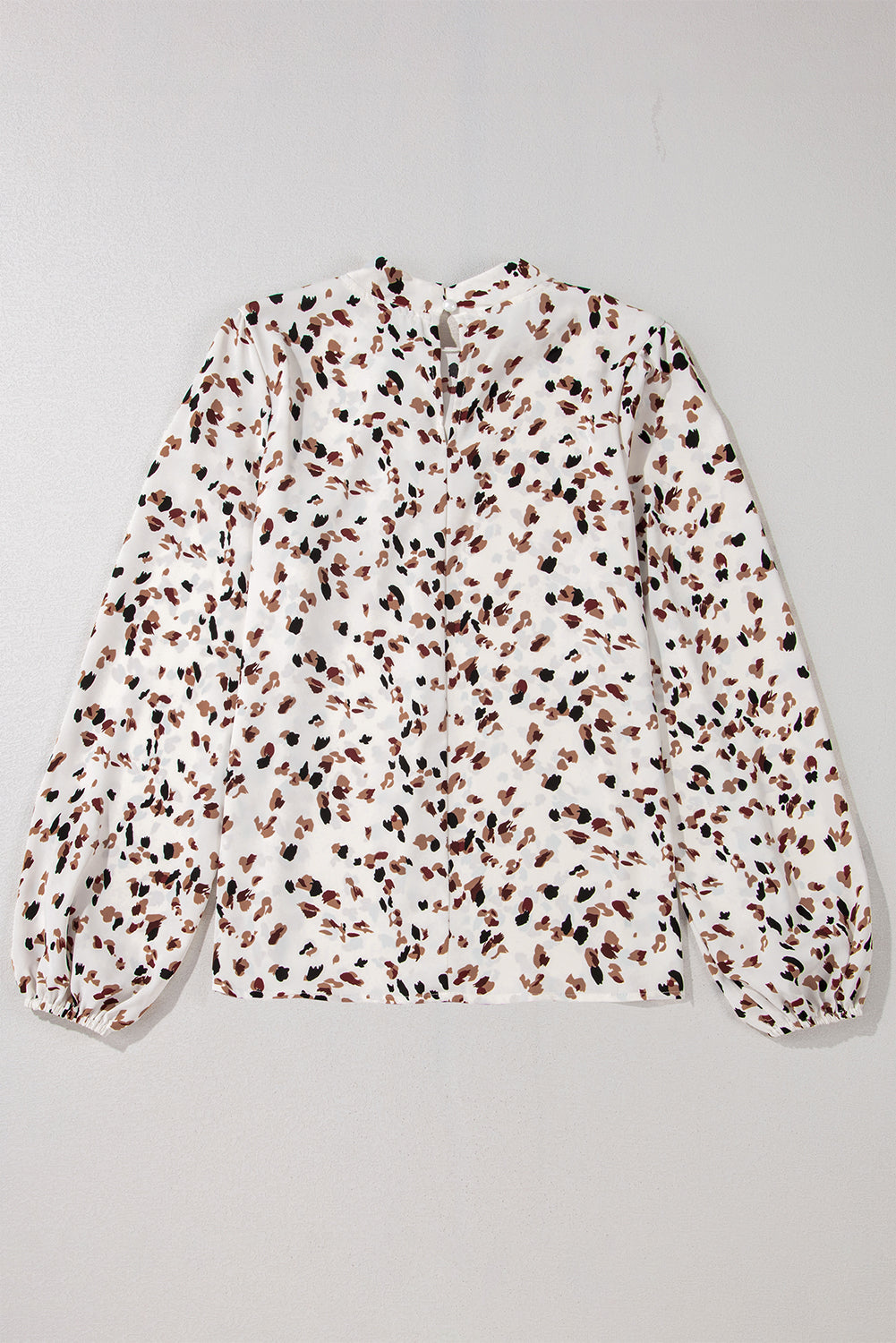 White Leopard Print Pleated Blouse with Lantern Sleeves and Mock Neck - ALOE WINGS STORE