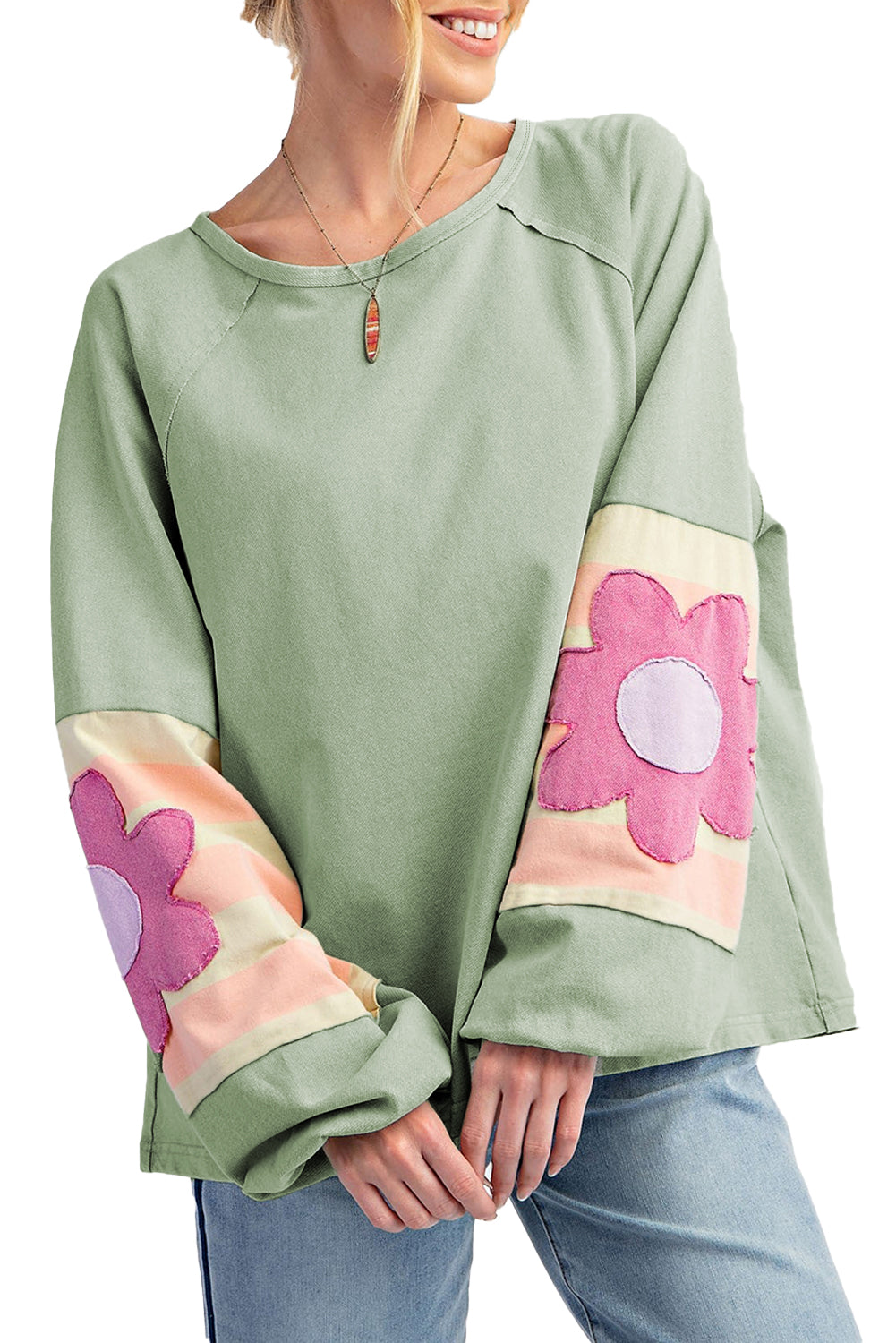 Smoke Green Floral Patchwork Raglan Sleeve Oversized Top with Exposed Seams - ALOE WINGS STORE