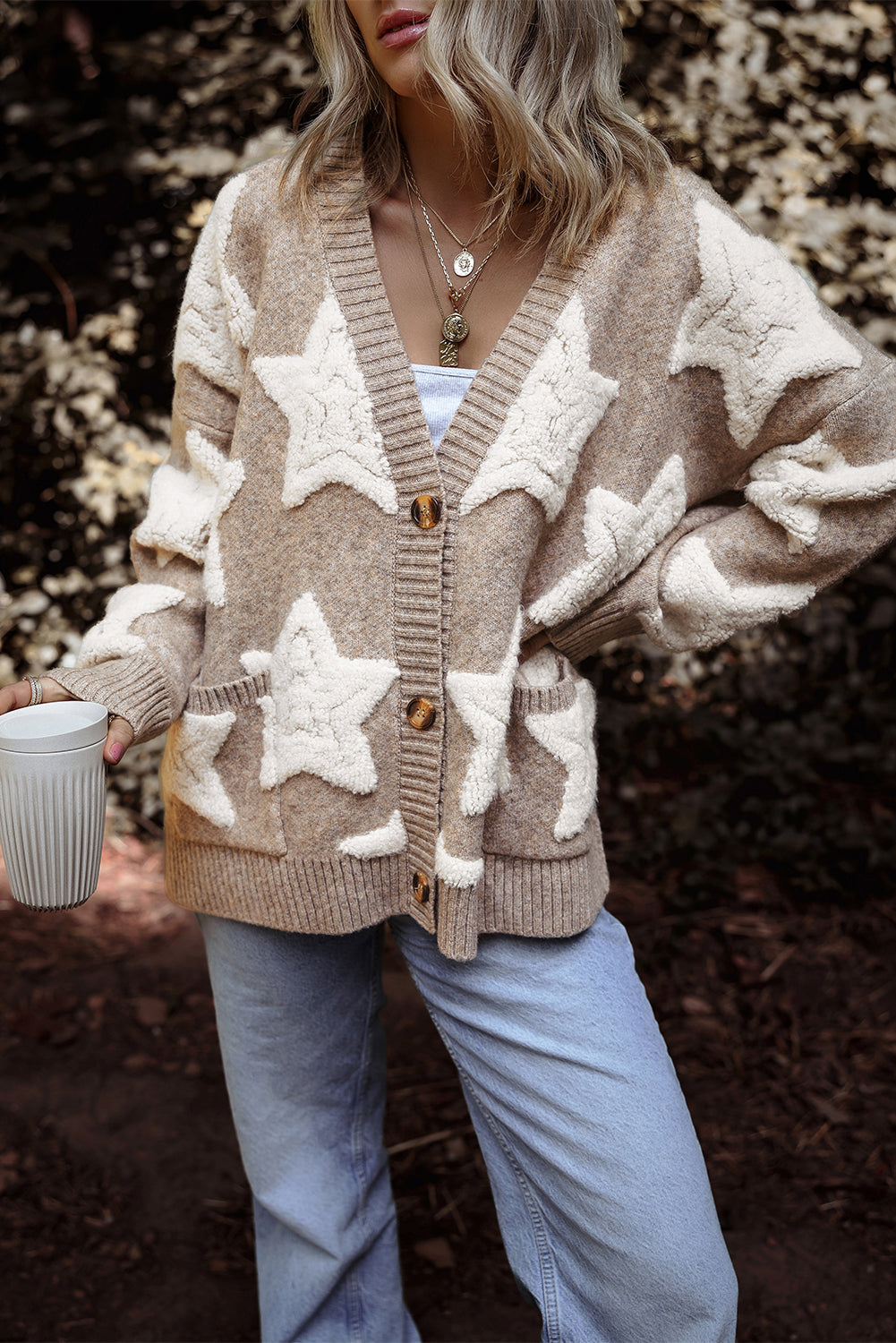 Khaki Sherpa Textured Cardigan with Star Pattern and Pockets - ALOE WINGS STORE