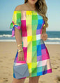 Women's Off-Shoulder Mini Dress – Casual Summer Short Sleeve Dress with Bow Detail | Elegant Relaxed Fit Party Outfit (Sizes up to 3XL)