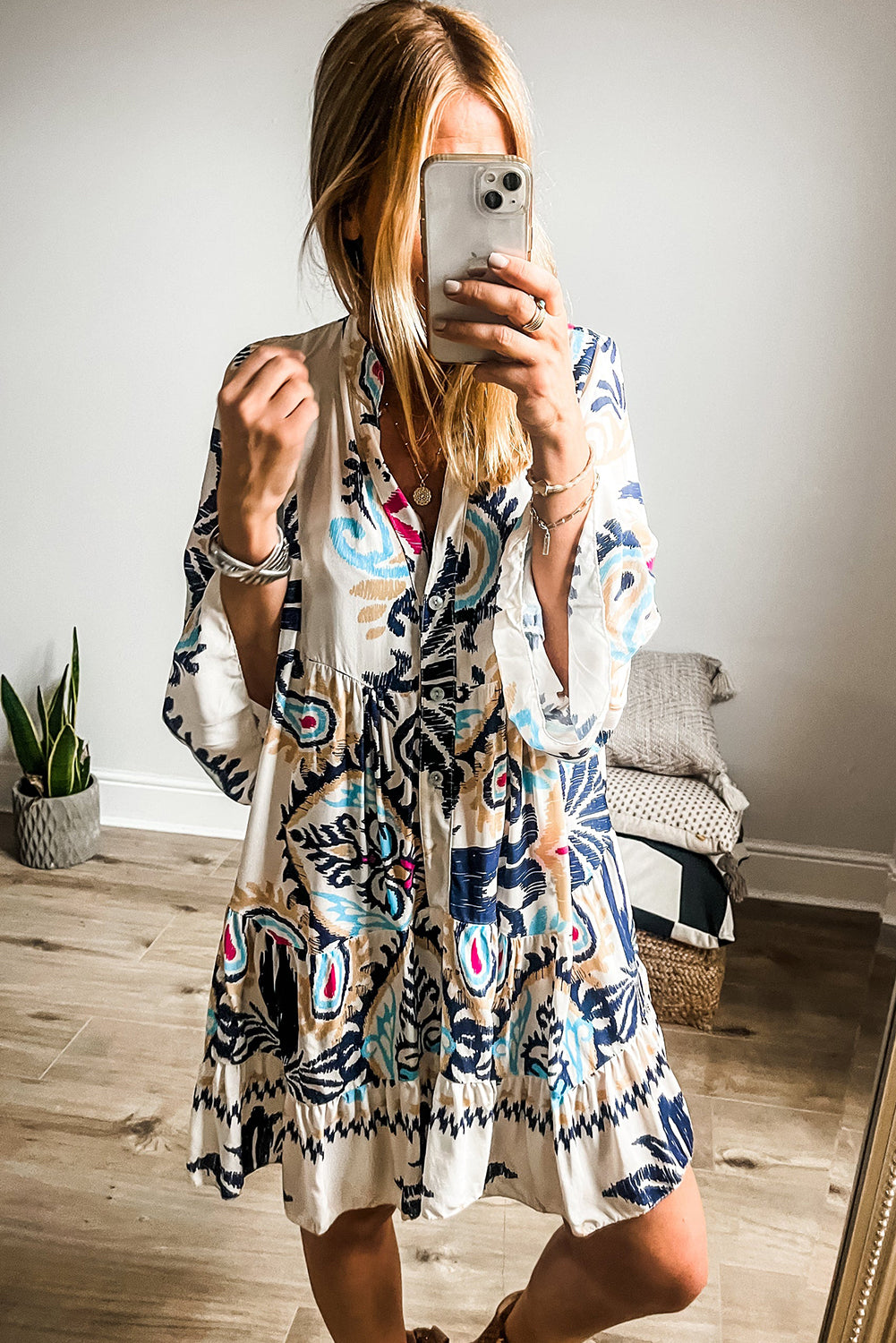 White Tribal Print Mini Dress with Buttoned Bracelet Sleeves - ALOE WINGS STORE