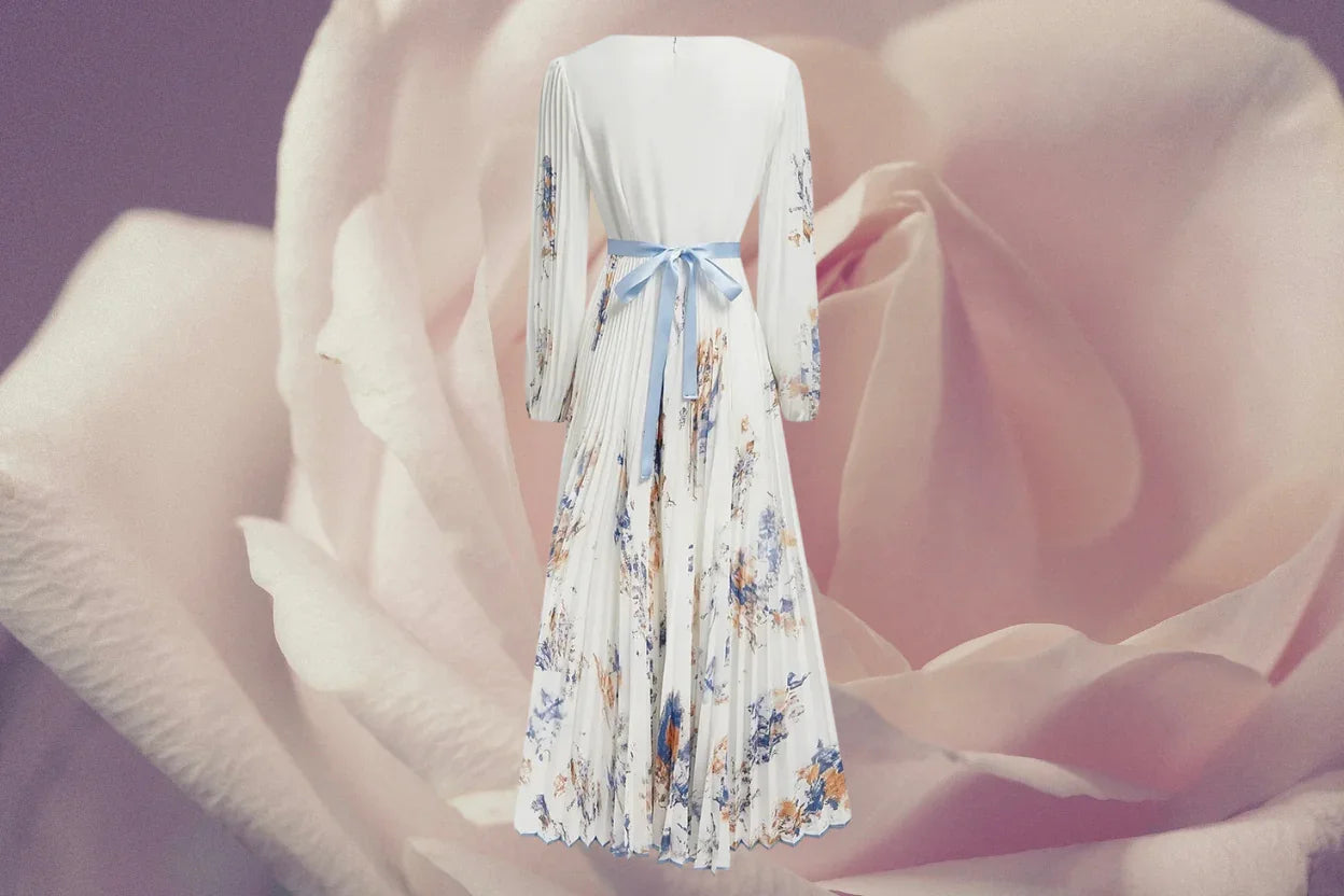 Spring Summer Boho Maxi Dress for Women – V-Neck Floral Print, Long Sleeve A-Line Swing Dress with Belt | Perfect for Beach, Wedding Guest & Vacation