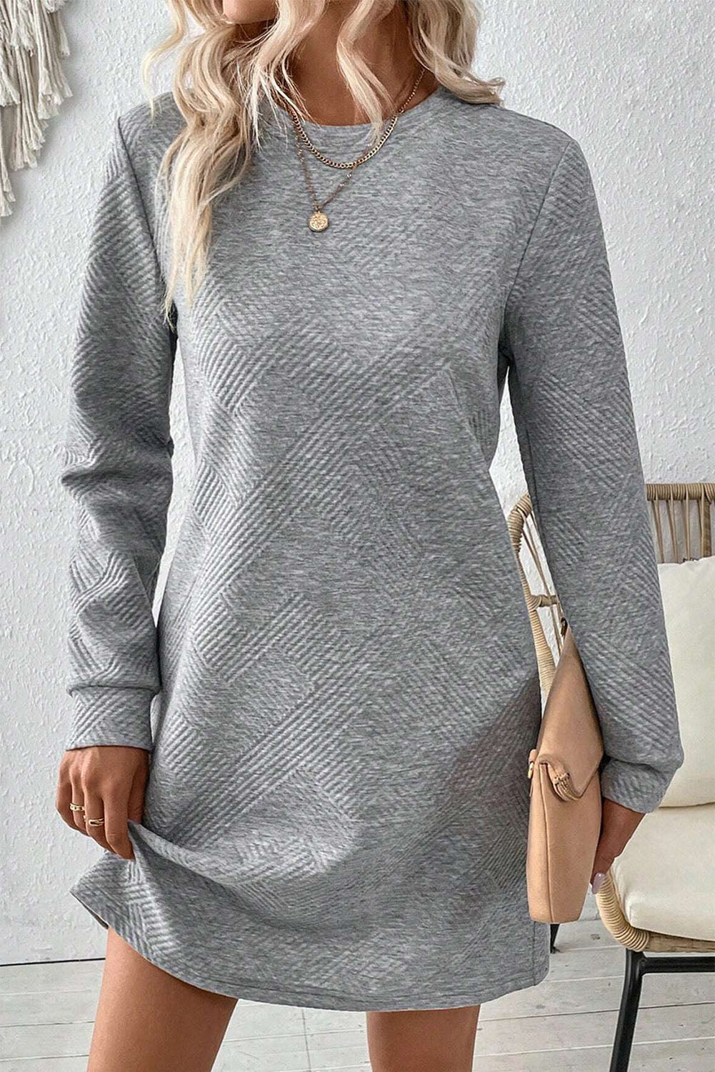 Gray Solid Color Textured Long Sleeve Shift Dress - ALOE WINGS STORE