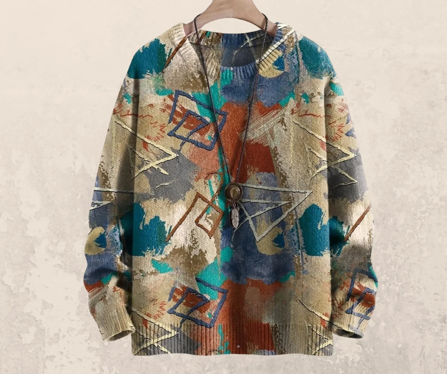Colourful patterned jacket on a hanger against a neutral background