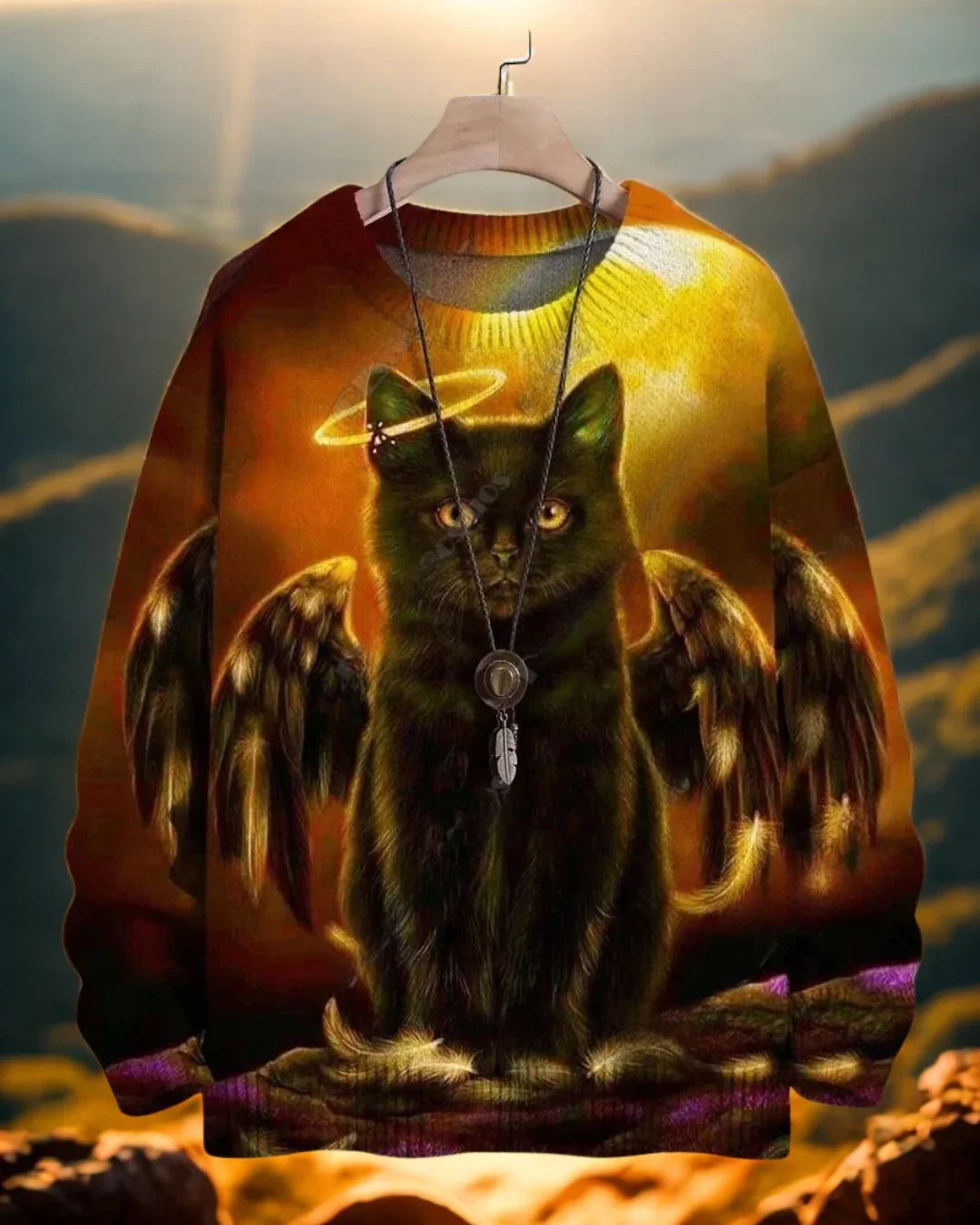 Black cat with angel wings and a halo on a fiery sunset 3D sweater