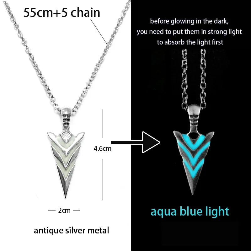Necklace with arrowhead pendant, showing measurements and glow-in-the-dark feature.