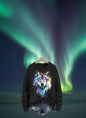 Epic aurora borealis sweater with wolf face print – perfect for winter holidays and nature lovers