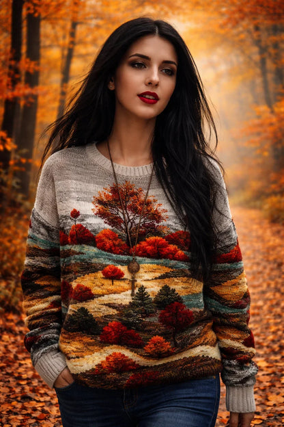 Woman wearing a sweater with a autumn landscape design in an autumn forest.