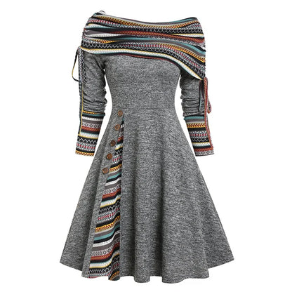 Women's Fall Winter Off-Shoulder A-Line Dress – Convertible Neck, Long Sleeve, Colour block Midi with Button Detail