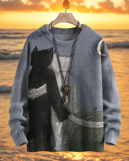 Black cat holding a crescent moon on a serene beach sunset 3D sweater