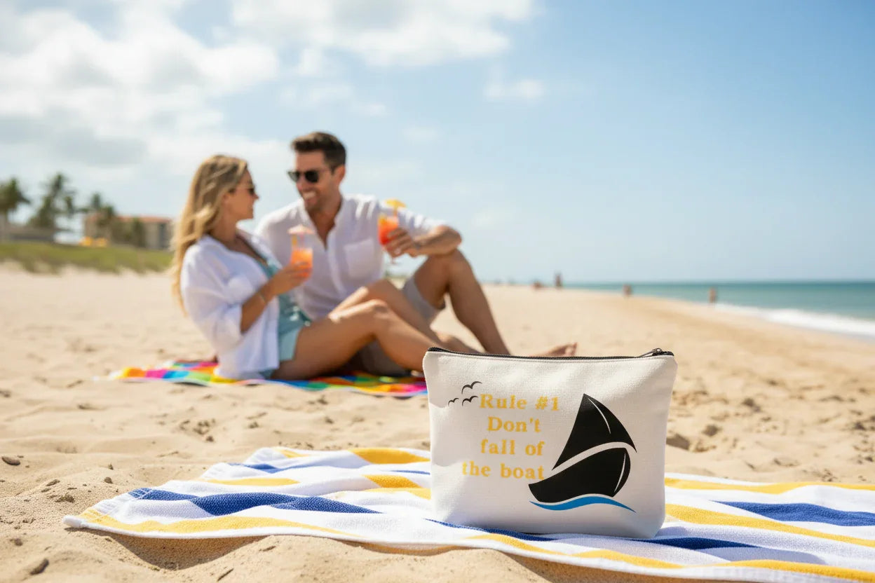 A nautical-themed "Rule #1 Don't Fall Off The Boat" pouch displayed on a sunny beach.