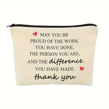 Beige pouch with motivational quote and hearts on a white background