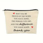 Beige pouch with motivational quote and hearts on a white background
