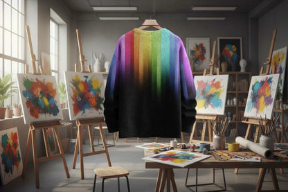 Colorful sweater with rainbow pattern in an art studio filled with easels and paintings.