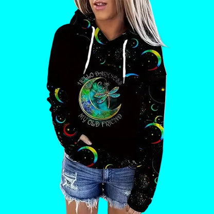 Black hoodie with colorful designs and text on a blue background