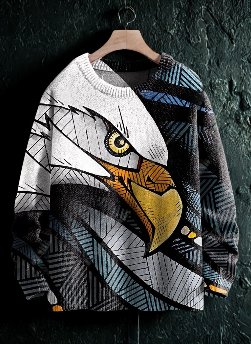 Stylish black and white eagle sweater – sharp graphic print, thick material, perfect for casual outings