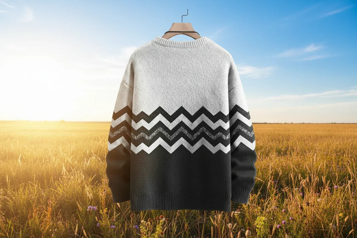 Sweater with zigzag pattern on a hanger against a scenic background of a field and blue sky.