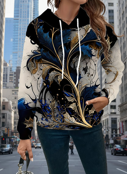 Oversized black and gold feather print hoodie for women