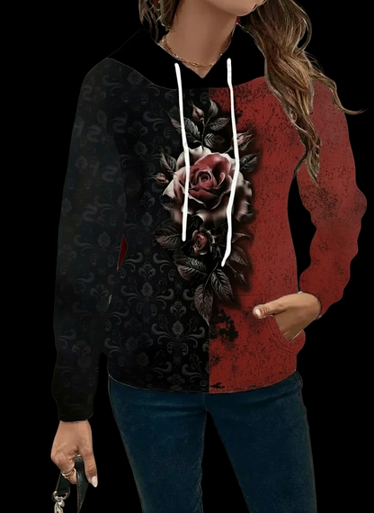 Side view of red and black floral hoodie for women