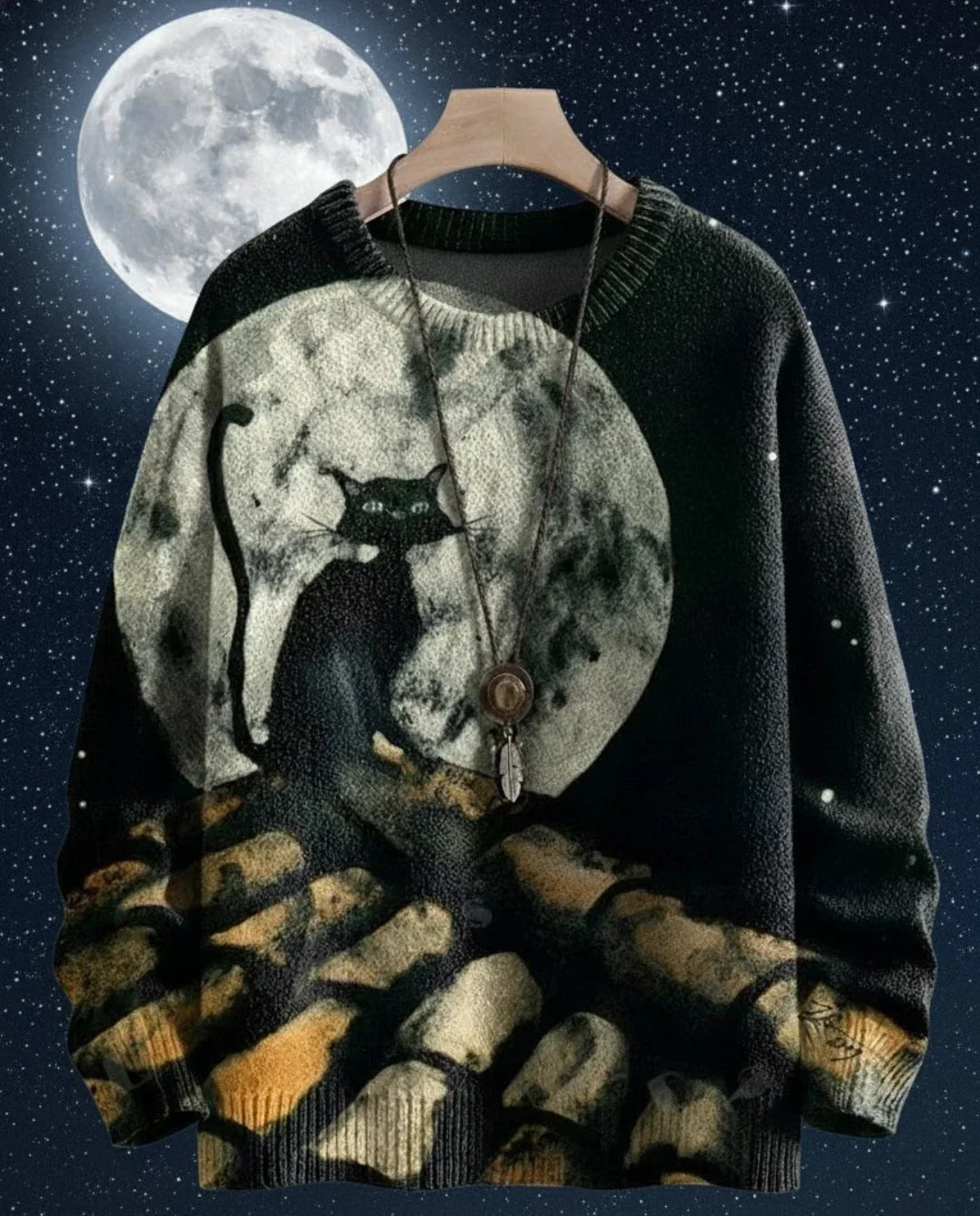 Halloween Cat Ghost 3D Knit Sweater - Black Background, Full Moon Design, Unisex Winter Pullover
