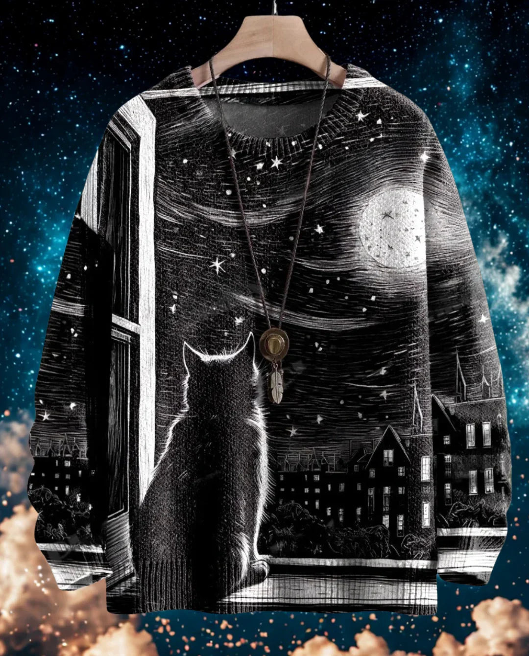 Noir Halloween Ghost Cat 3D Knit Sweater - Black & White Urban Night Scene, Unisex Fit
