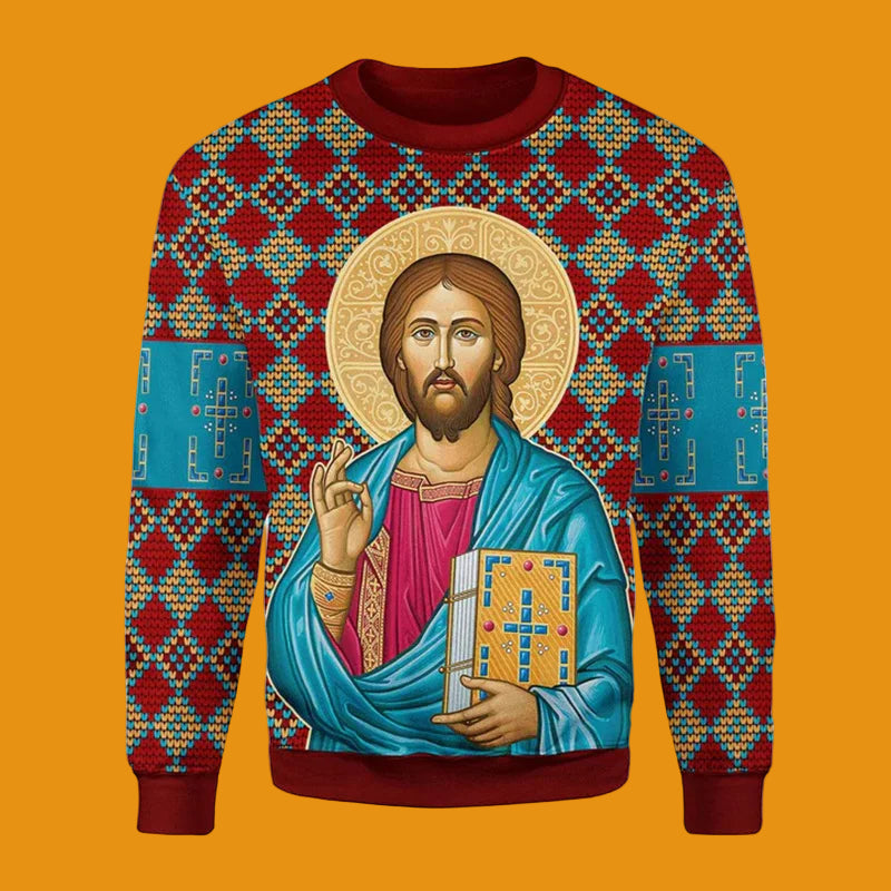 Sweater with a religious icon design on a geometric patterned background