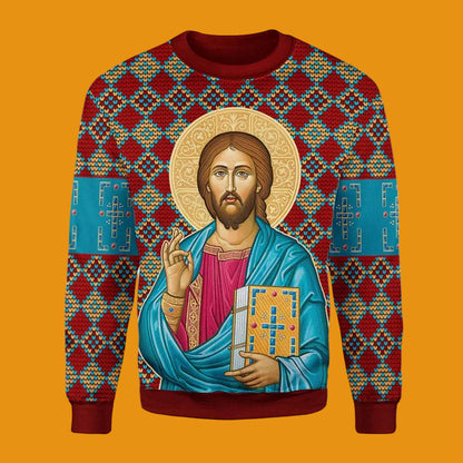 Sweater with a religious icon design on a geometric patterned background