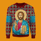 Sweater with a religious icon design on a geometric patterned background
