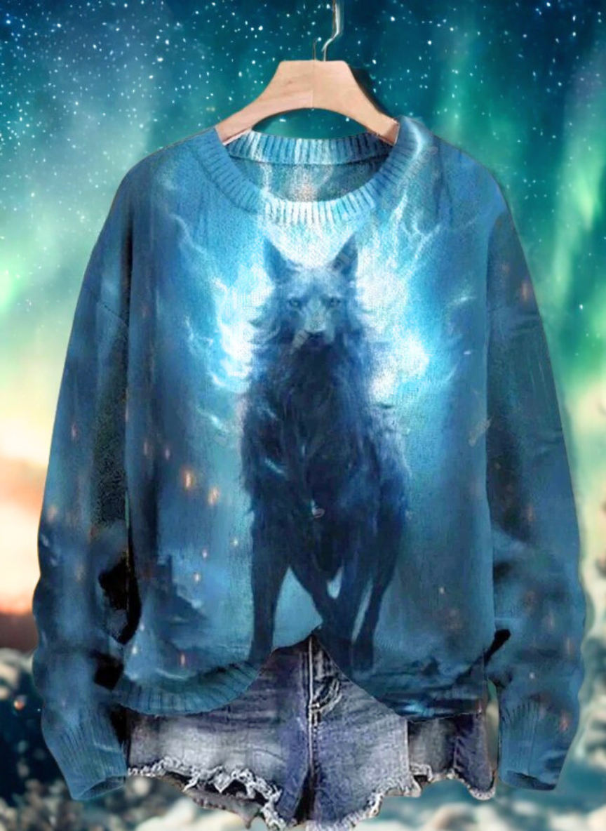 Mystical blue glowing wolf sweater – fantasy-inspired 3D print, ideal for autumn nights and cozy vibes
