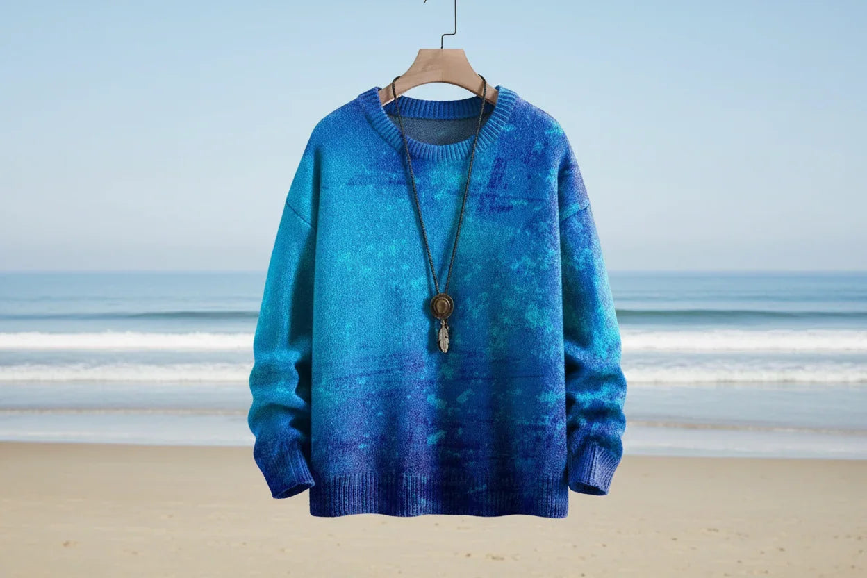 Blue sweater on a hanger with a beach background