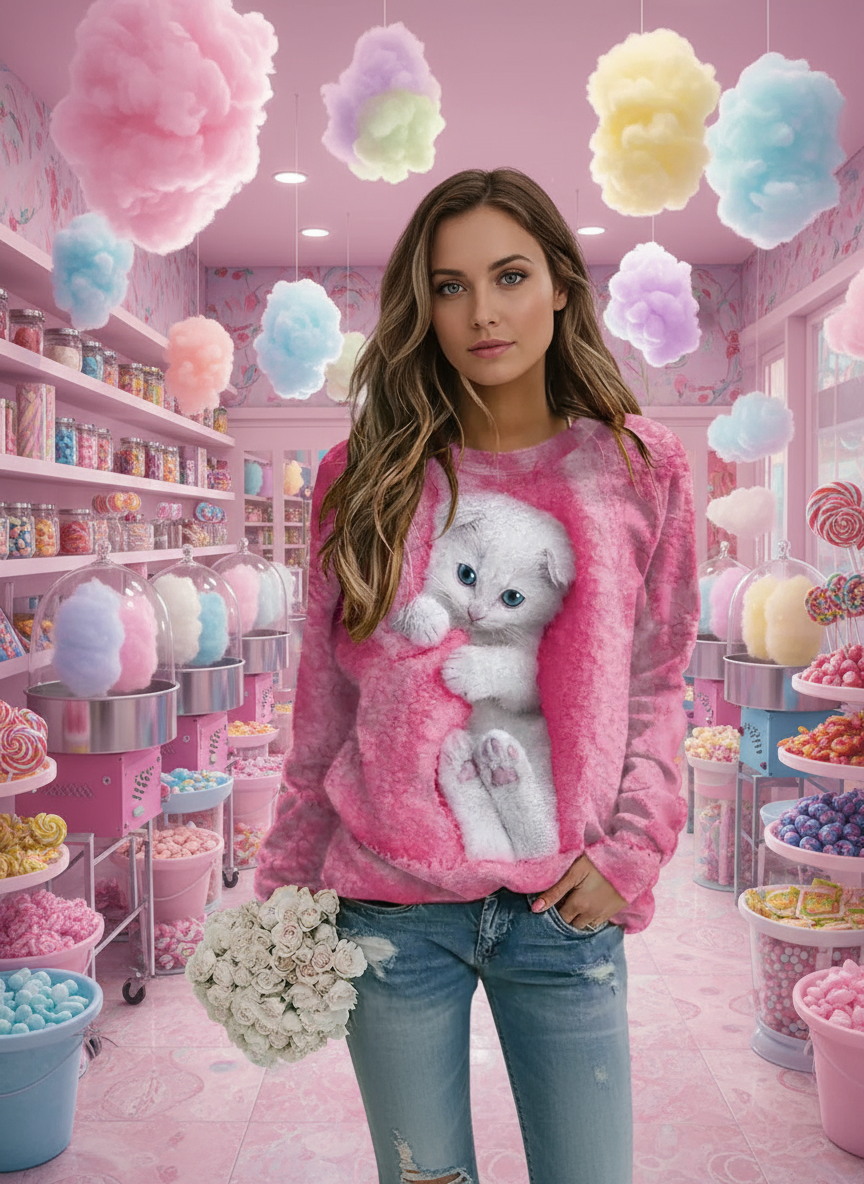 Stylish woman modeling pink White Cat 3D Sweatshirt in pastel candy shop setting, playful and trendy look