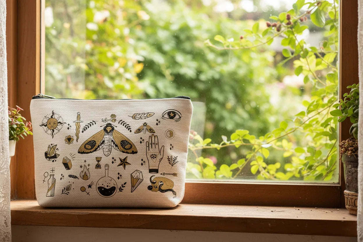 Aesthetic beige makeup bag featuring a moth, moon phases, and mystical occult symbols.
