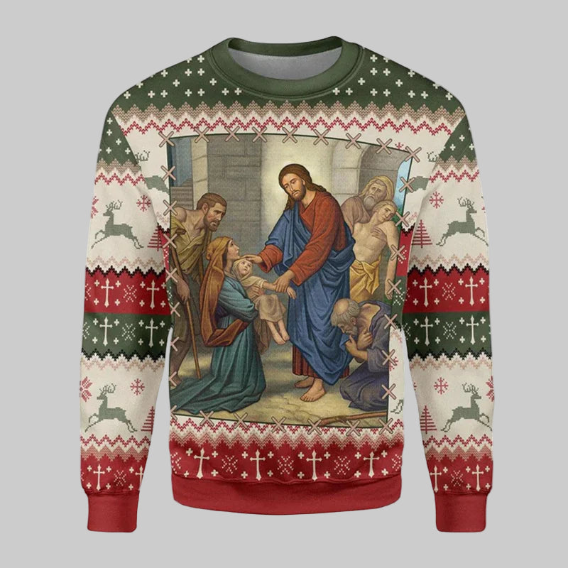 Sweater with religious-themed design and Christmas patterns on a white background