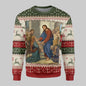 Sweater with religious-themed design and Christmas patterns on a white background