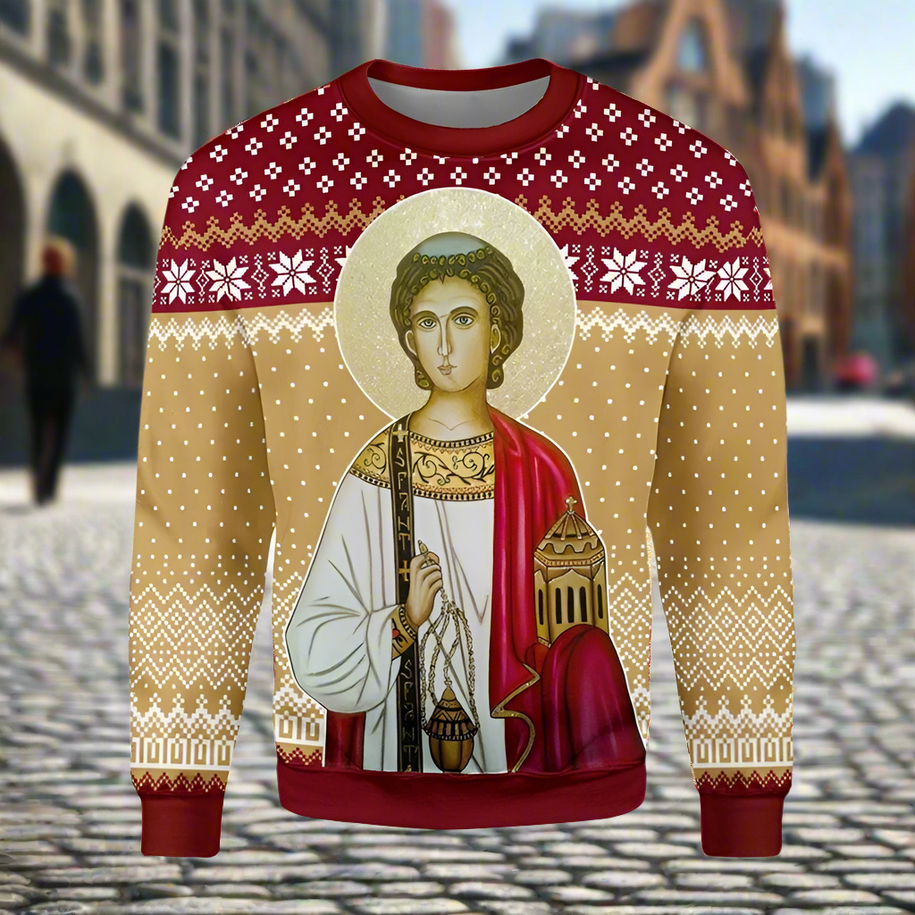 Sweater with religious icon design on a blurred street background