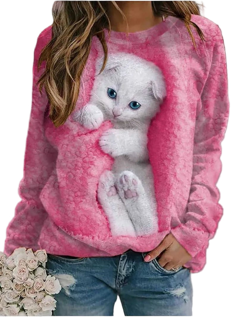 Close-up of pink White Cat 3D Design Sweatshirt showing detailed kitten texture and soft fabric, perfect for cat lover