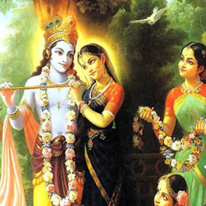 Close-up of Radha and Krishna embracing with flute tapestry