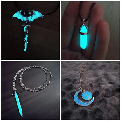 Collage of four glowing necklaces in different designs on a dark background.