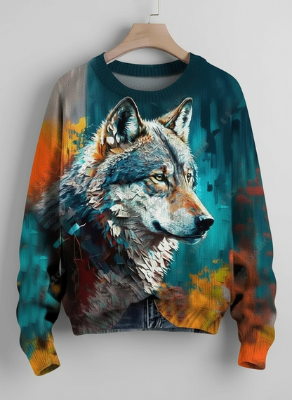 3D printed colorful wolf sweater front view – unisex winter casual pullover with artistic animal print
