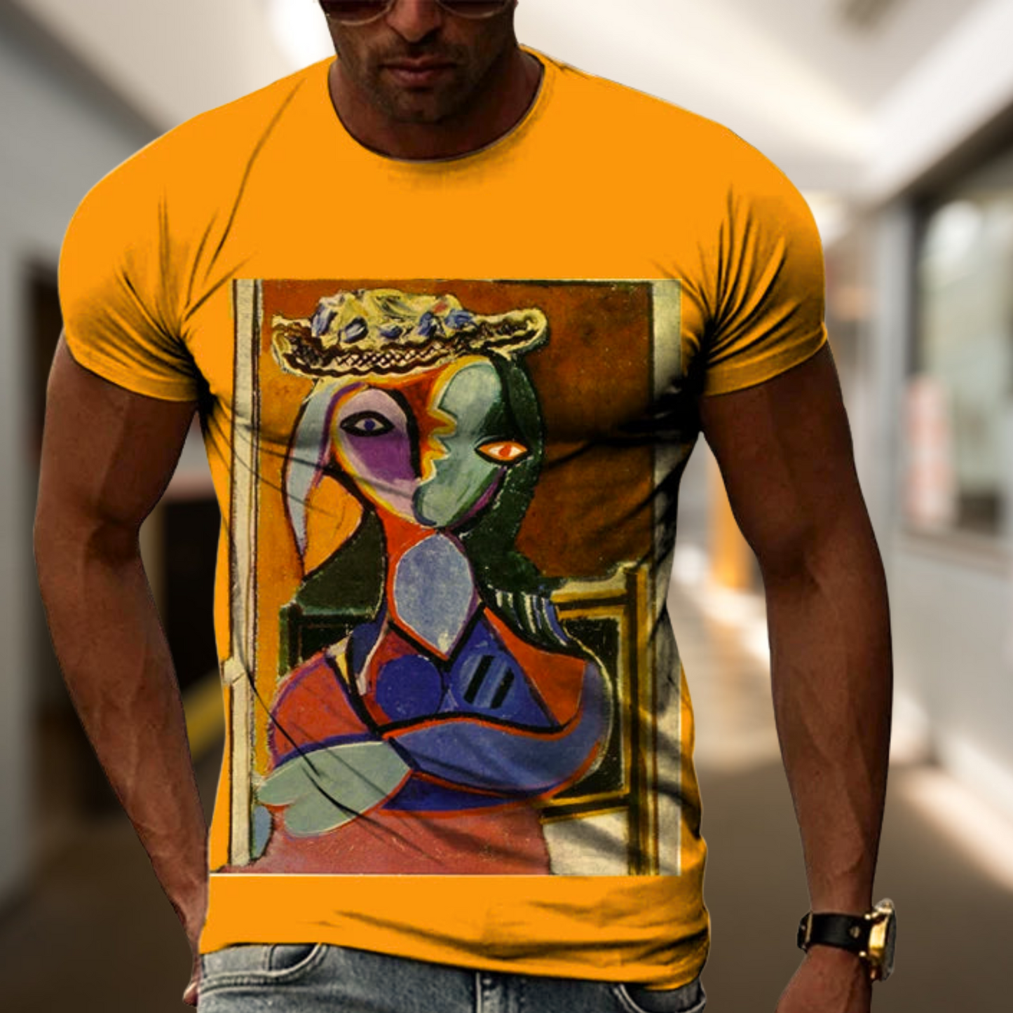 Colorful cubism style men’s art print t-shirt