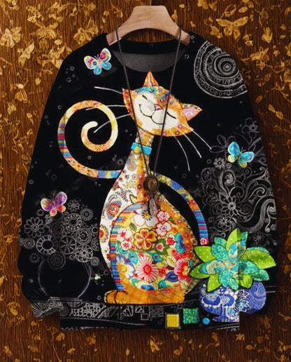 Whimsical Flower Cat 3D Knit Sweater - Psychedelic Swirls, Unisex Casual Pullover for Spring