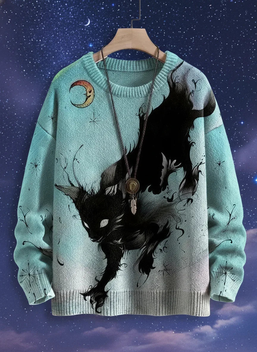 Dynamic black cat leaping across a starry night sky with a crescent moon on a 3D sweater
