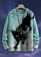 Dynamic black cat leaping across a starry night sky with a crescent moon on a 3D sweater
