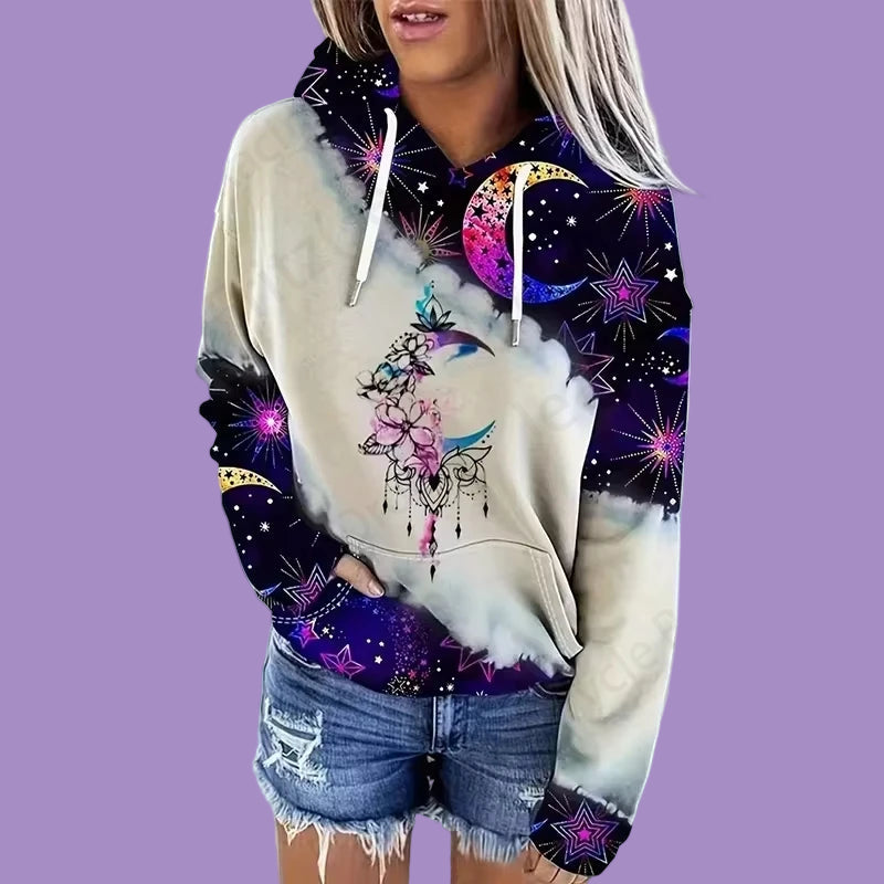Person wearing a hoodie with a colorful design on a purple background